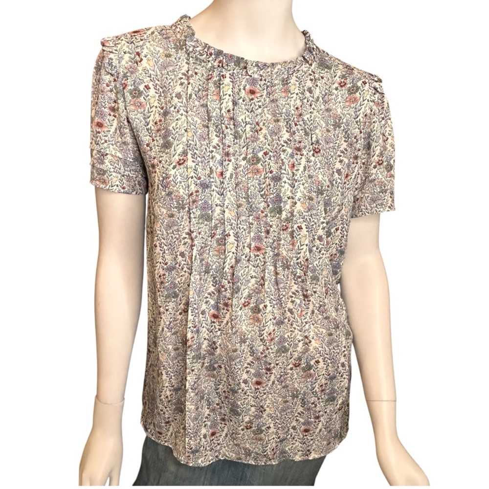 NWT Rose + Olive Size 1X Blue Floral Short Sleeve Blouse Ruffle Flowy - Picture 2 of 16